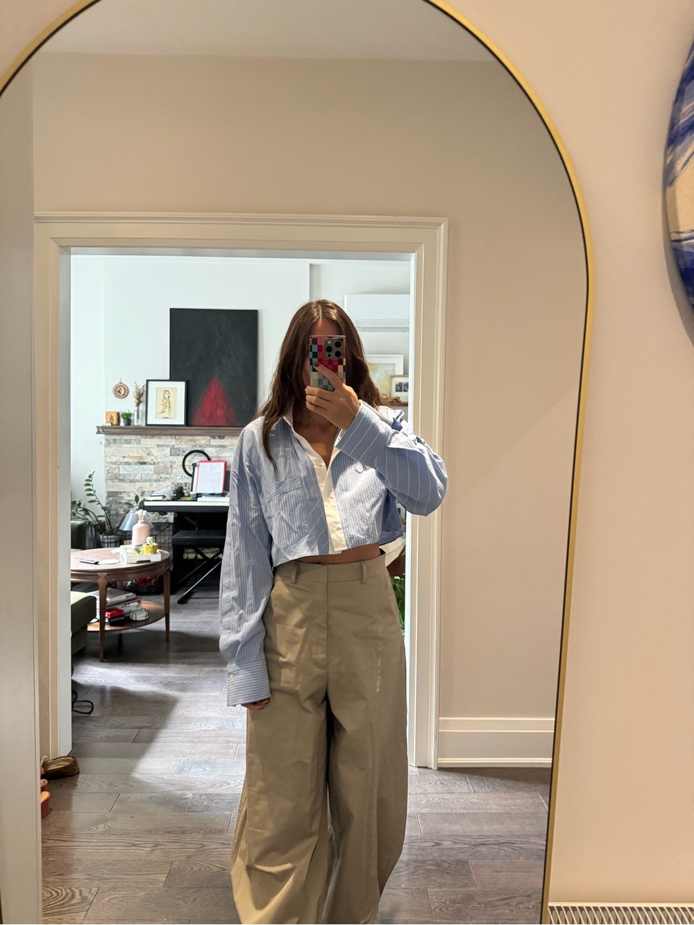 Zara Cropped Blue Stripe Button-Up Shirt - Casual Home Office Top